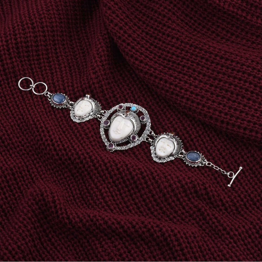 BALI GODDESS Carved Bone and Multi‎ Gemstone Toggle Clasp Bracelet